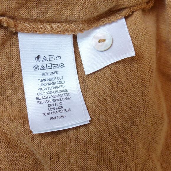 Tahari Top Women M Caramel Brown 100% Linen Tee Cap Sleeve Button Back Split Hem - Picture 8 of 9